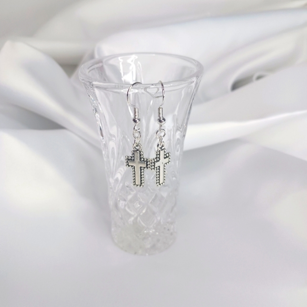 Silver Dotted Outline Cross Earrings.